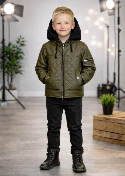 جاكيت ولادي مبطن فرو مع كبيشون 5124  - زيتي