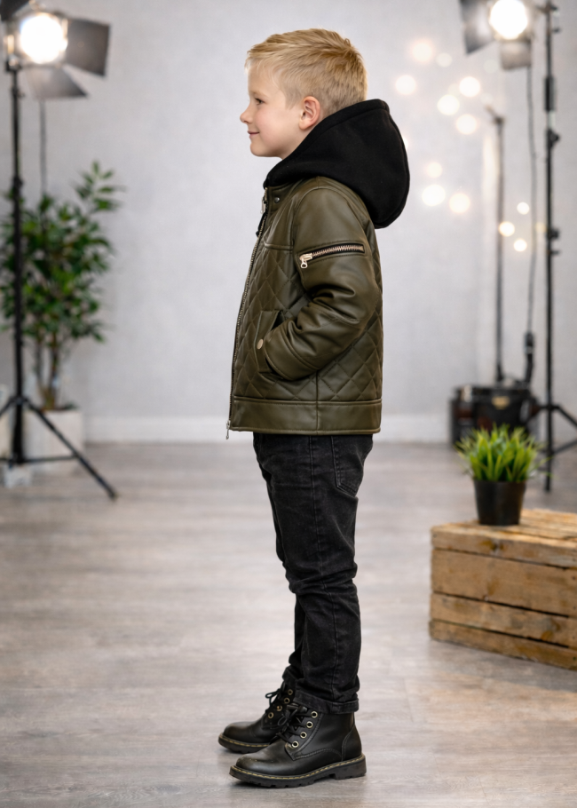 5124 جاكيت جلد مثلثات  - زيتي