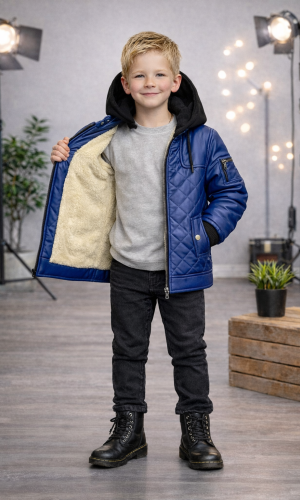 جاكيت ولادي مبطن فرو مع كبيشون 5124  - ازرق