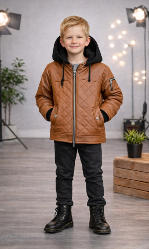 جاكيت ولادي مبطن فرو مع كبيشون 5124  - عسلي