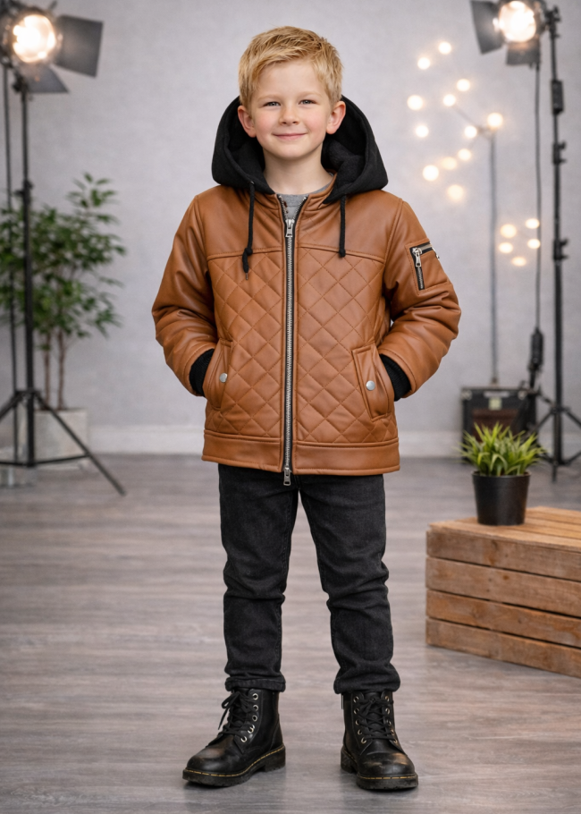 5124 جاكيت جلد مثلثات  - عسلي