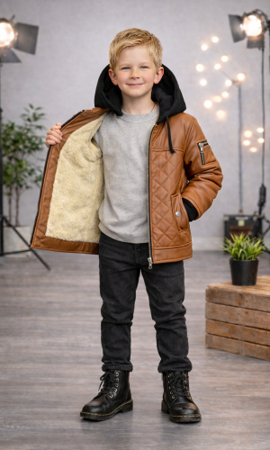 جاكيت ولادي مبطن فرو مع كبيشون 5124  - عسلي