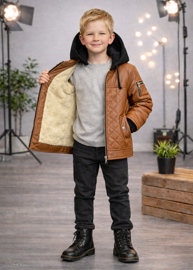 5124 جاكيت جلد مثلثات  - عسلي