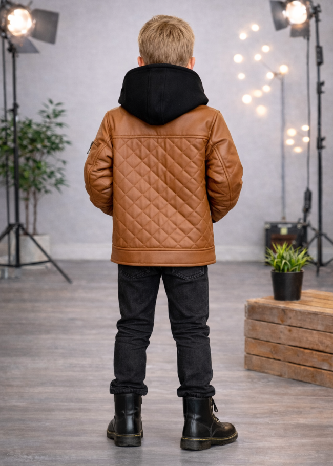 5124 جاكيت جلد مثلثات  - عسلي