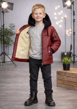 جاكيت ولادي مبطن فرو مع كبيشون 5124  - خمري