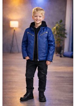 جاكيت جلد صبياني مبطن فرو 5125  - ازرق