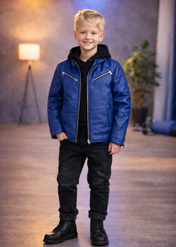 جاكيت جلد صبياني مبطن فرو 5125  - ازرق