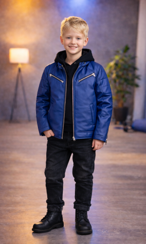 جاكيت جلد صبياني مبطن فرو 5125  - ازرق