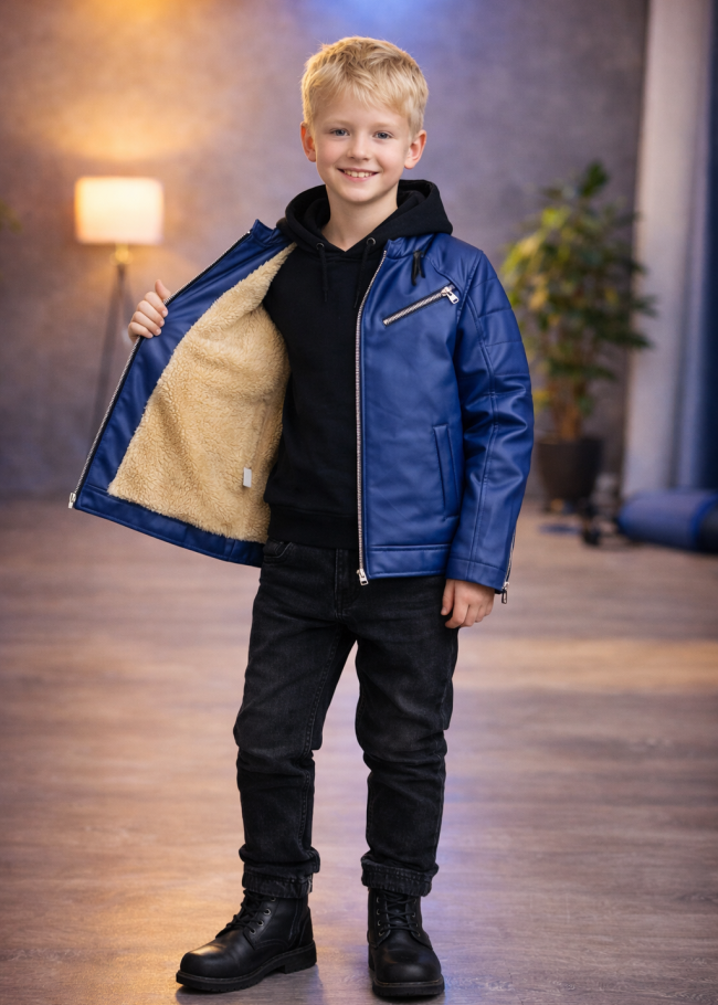 5125 جاكيت جلد صبياني  - ازرق