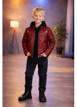 جاكيت جلد صبياني مبطن فرو 5125  - خمري