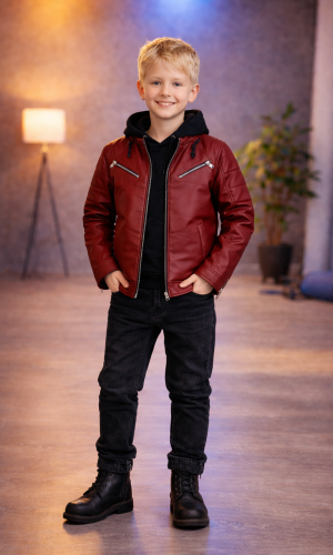 Boys' Leather Jacket with Fur Lining 5125  - burgundy