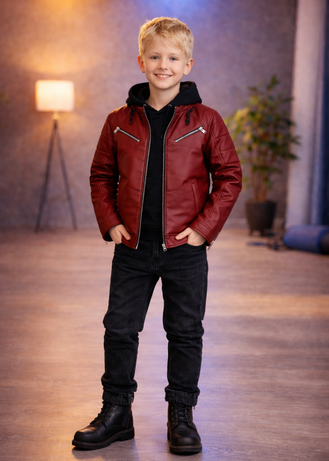 5125 جاكيت جلد صبياني  - خمري