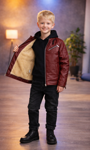 Boys' Leather Jacket with Fur Lining 5125  - burgundy