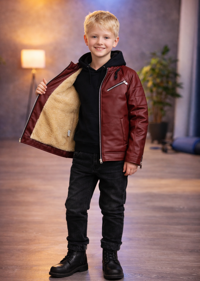 5125 جاكيت جلد صبياني  - خمري