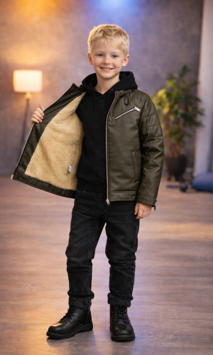 Jungen Lederjacke mit Fellfutter 5125  - Khaki