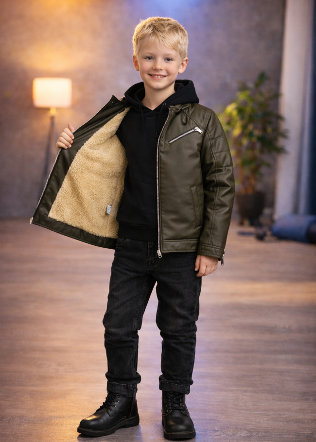 5125 جاكيت جلد صبياني  - زيتي