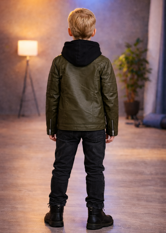 5125 جاكيت جلد صبياني  - زيتي