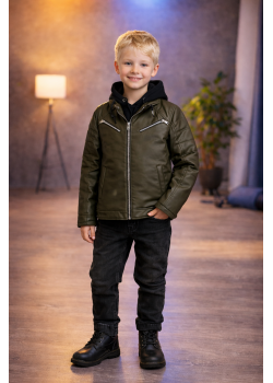 جاكيت جلد صبياني مبطن فرو 5125  - زيتي