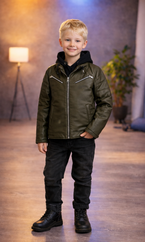 Jungen Lederjacke mit Fellfutter 5125  - Khaki