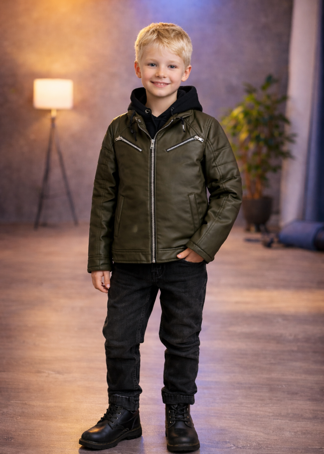 5125 جاكيت جلد صبياني  - زيتي