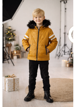 جاكيت جلد صبياني مبطن فرو 5126  - اصفر