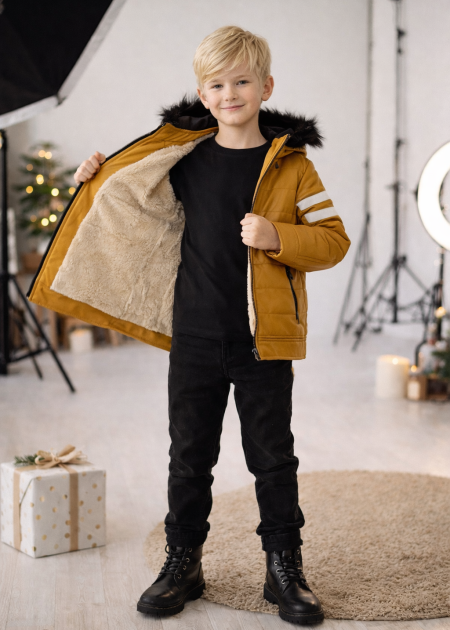 ジャケット・アウター c-boy style Concrete Mood (No.119) Boys' Leather Jacket with Fur Lining 5126 - yellow - Children's
