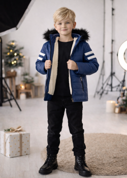 جاكيت جلد صبياني مبطن فرو 5126  - ازرق