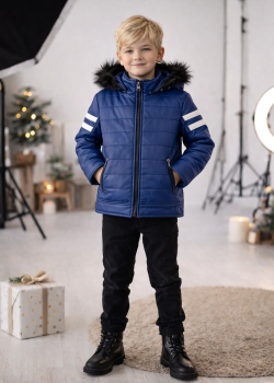 جاكيت جلد صبياني مبطن فرو 5126  - ازرق