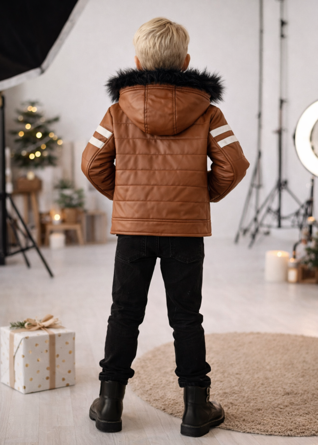 5126 جاكيت جلد صبياني  - عسلي