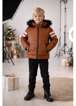 جاكيت جلد صبياني مبطن فرو 5126  - عسلي