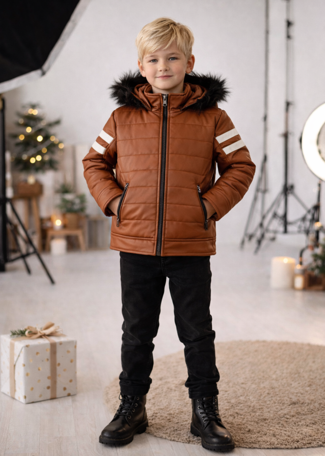 5126 جاكيت جلد صبياني  - عسلي