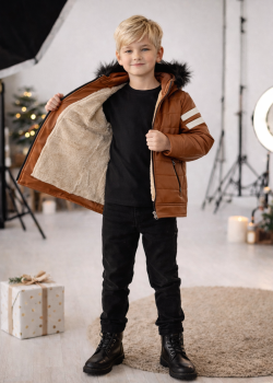 جاكيت جلد صبياني مبطن فرو 5126  - عسلي