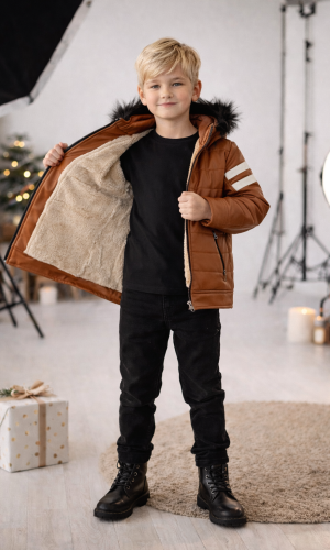 جاكيت جلد صبياني مبطن فرو 5126  - عسلي