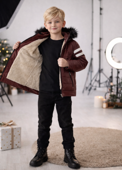 جاكيت جلد صبياني مبطن فرو 5126  - خمري