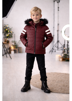 جاكيت جلد صبياني مبطن فرو 5126  - خمري