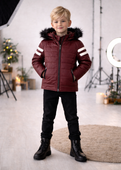 جاكيت جلد صبياني مبطن فرو 5126  - خمري