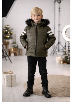 جاكيت جلد صبياني مبطن فرو 5126  - زيتي