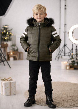 جاكيت جلد صبياني مبطن فرو 5126  - زيتي