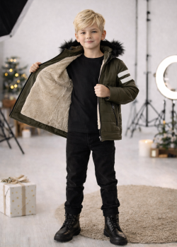 جاكيت جلد صبياني مبطن فرو 5126  - زيتي