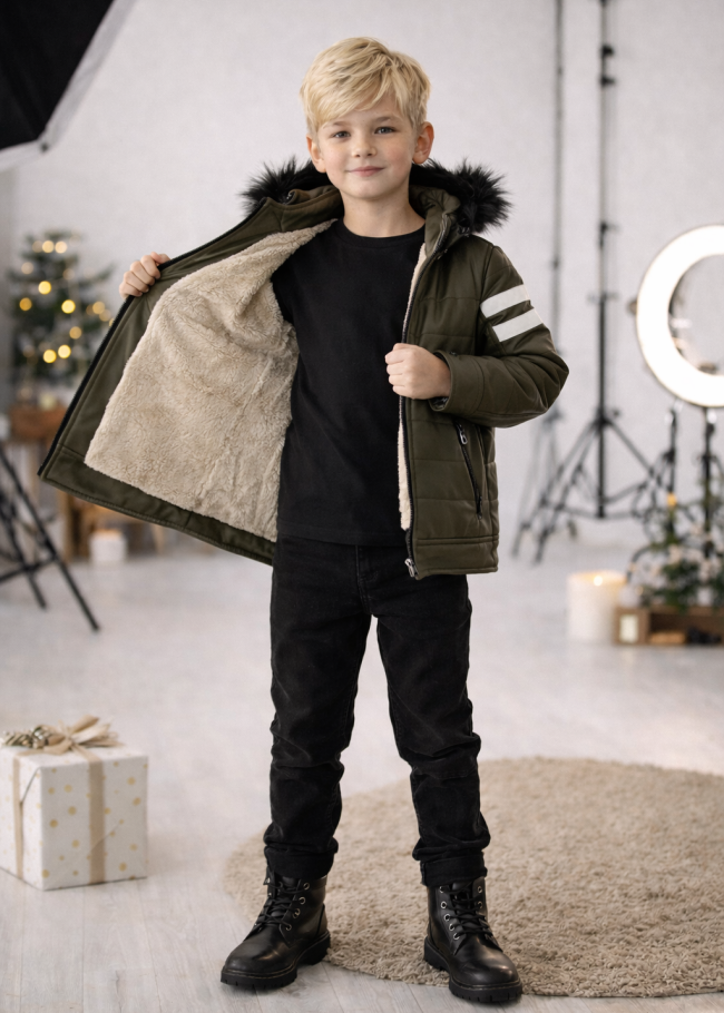 5126 جاكيت جلد صبياني  - زيتي