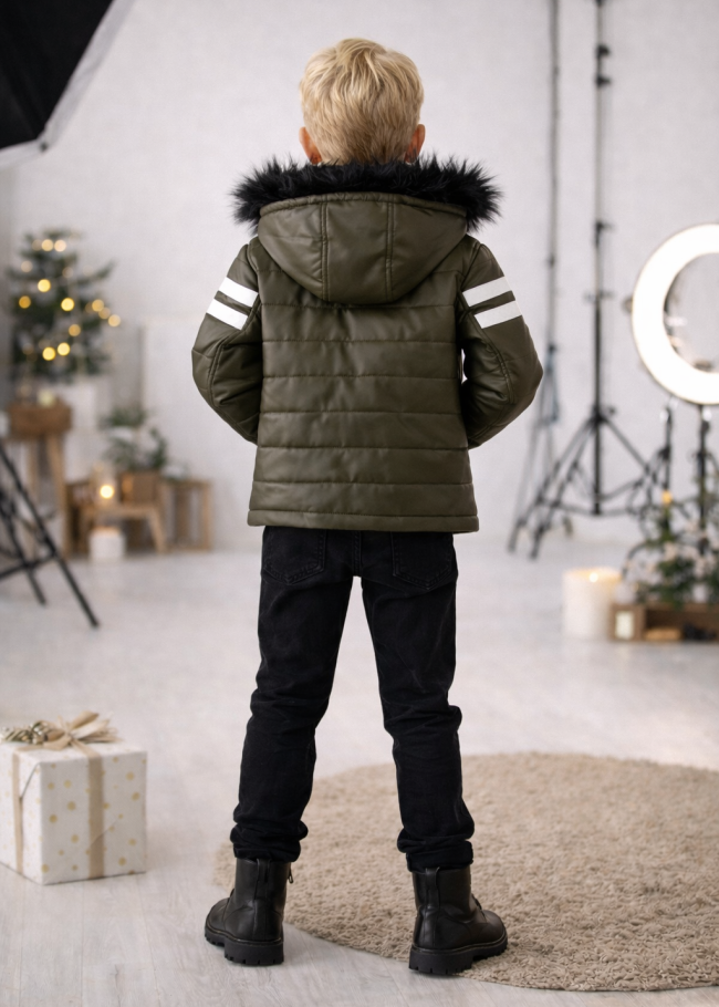 5126 جاكيت جلد صبياني  - زيتي