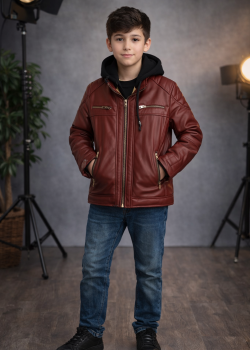 جاكيت صبياني جلد مبطن فرو 5127  - خمري
