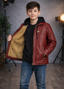 جاكيت صبياني جلد مبطن فرو 5127  - خمري