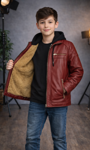 Jungen Lederjacke mit Fellfutter 5127  - Bordeaux