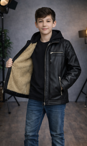 Boys' Leather Jacket with Fur Lining 5127  - black