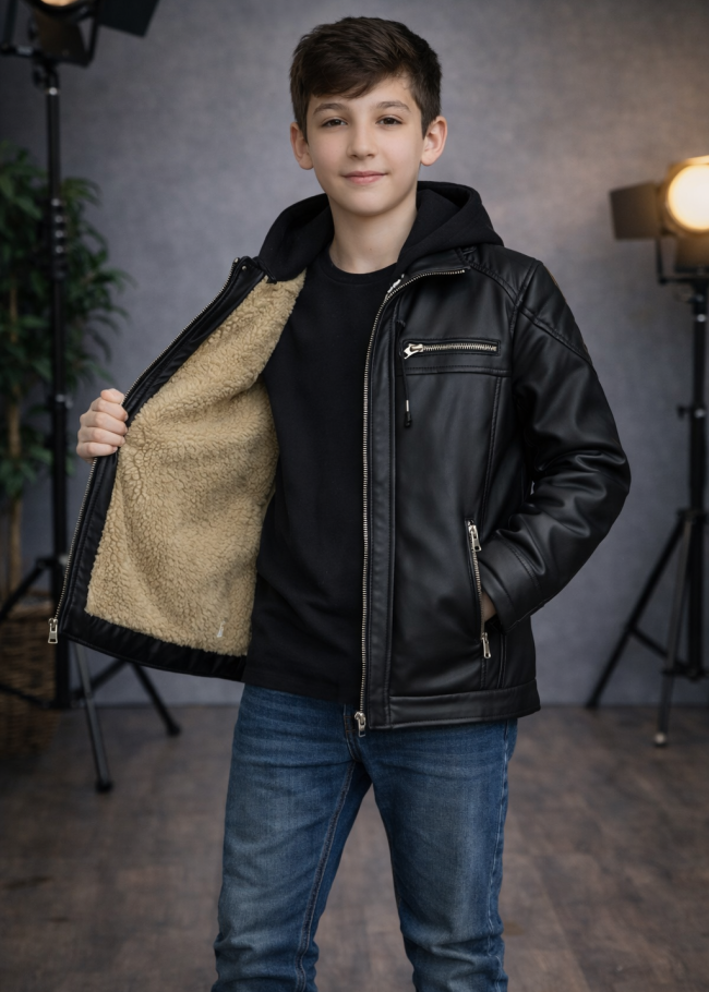 5127 جاكيت جلد صبياني  - اسود