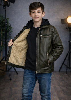 جاكيت صبياني جلد مبطن فرو 5127  - زيتي
