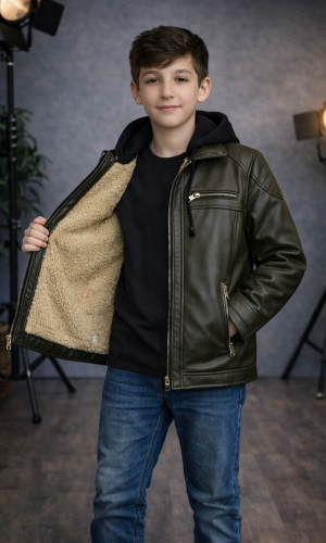 جاكيت صبياني جلد مبطن فرو 5127  - زيتي