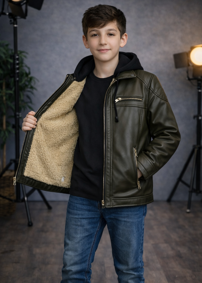 5127 جاكيت جلد صبياني  - زيتي