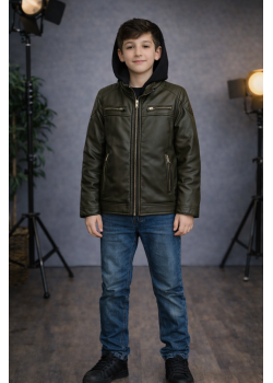 جاكيت صبياني جلد مبطن فرو 5127  - زيتي